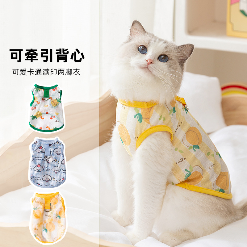 Gato de verano respirable delgado lindo viento impresa mascota Teddy Bo Mei chaleco de dos patas gato sin pelo ropa de gato azul