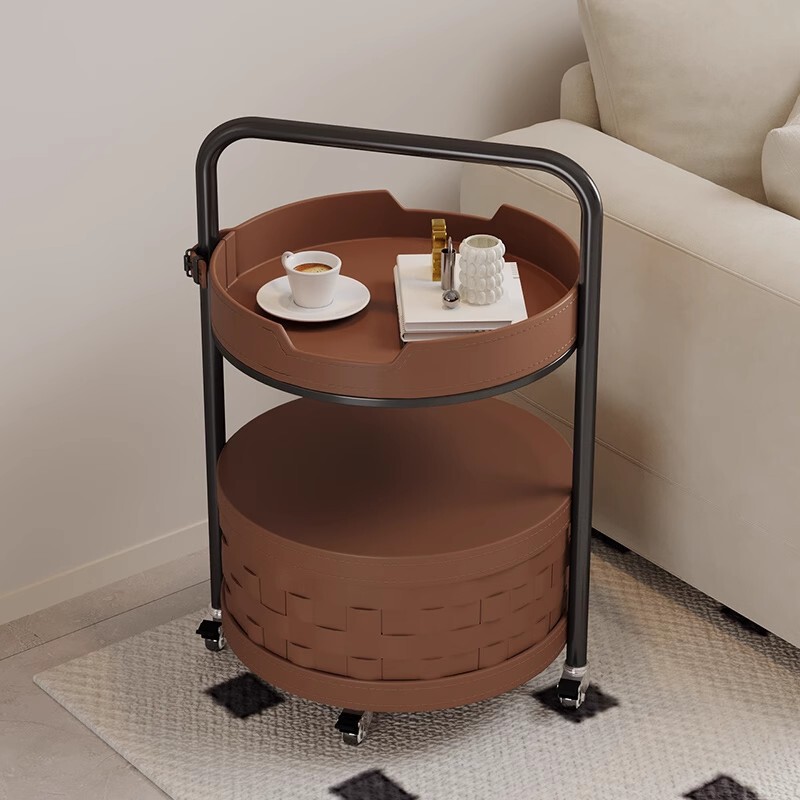 Household Movable Wheeled Coffee Table Snack Storage Rack High-Looking Light Luxury Saddle Leather Trolley Sofa Side Table