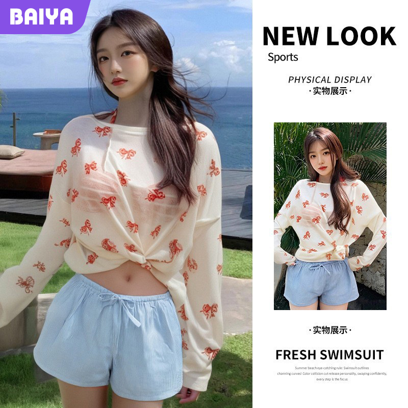 Blusa de manga larga, bikini, traje de baño de tres piezas para mujer, chica sexy, traje de baño de aguas termales de vacaciones de playa blanca