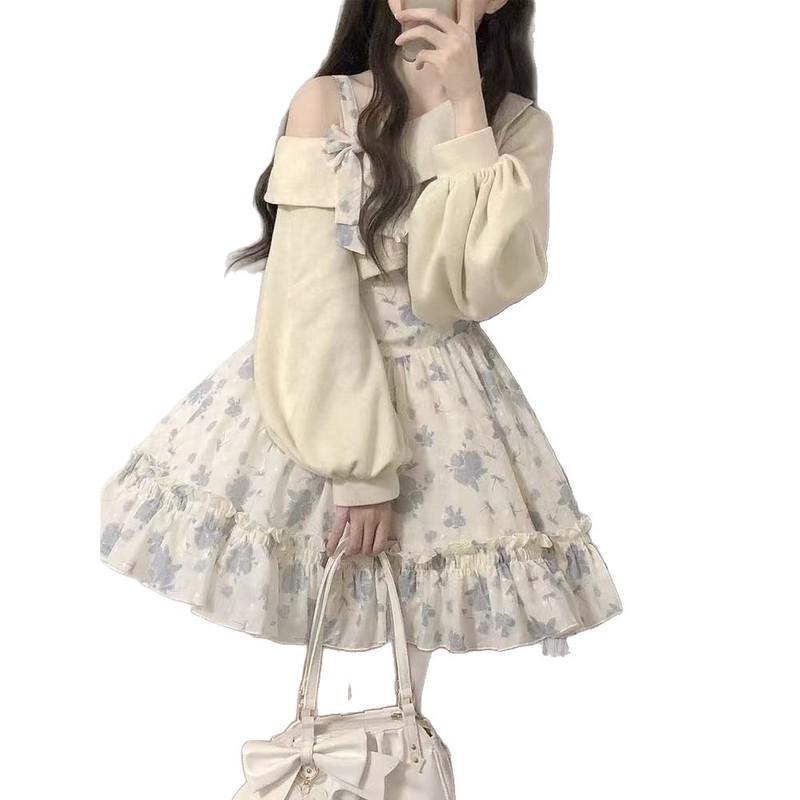 2025新款学院风碎花连衣裙秋冬季吊带裙甜美露肩蓬蓬蛋糕裙少女潮|undefined