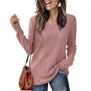 Women's Long Sleeve Top V-Neck Shirt Lightweight Tunic Sweater Fashion 2024