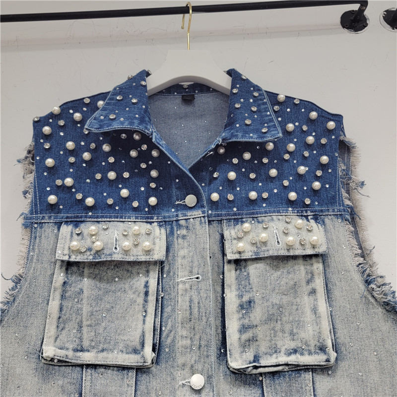 Estación Europea 2023 primavera y verano nueva moda gradiente uñas perla Denim Chaleco de las mujeres sueltas todo fósforo abrigo chaleco moda