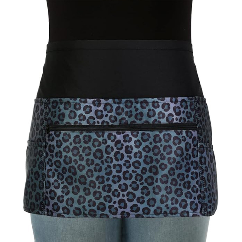 Delantal floral con estampado de leopardo transfronterizo, cremallera, bolsillo grande, encaje, falda corta ajustable, ropa de trabajo de camarero, delantal