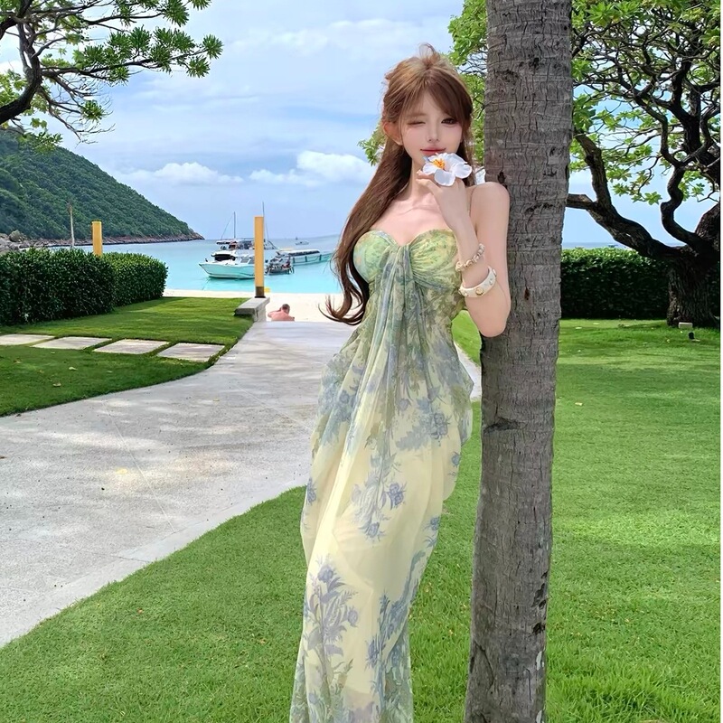 Beach vacation pure desire green floral print strapless long dress, stunning island photo shoot beach dress for women Beach vacation pure desire green floral print strapless long dress, stunning island photo shoot beach dress for women