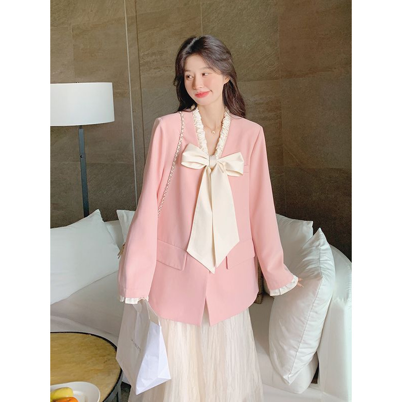 粉色蝴蝶结西装外套女早春2025新款韩系设计感时尚休闲气质小西服|undefined