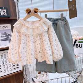 2025春秋季新款女童娃娃领碎花衬衫加牛仔裤套装小女孩可爱两件套