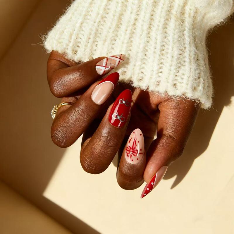Red Wearable Manicure Nail Pieces French Red White Dot Fake Nails Almond Nail Pieces Wholesale Red Wearable Manicure Nail Pieces French Red White Dot Fake Nails Almond Nail Pieces Wholesale