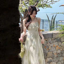 2024韩版夏季新款吊带长裙仙女荷叶边印花无袖气质连衣裙图片色