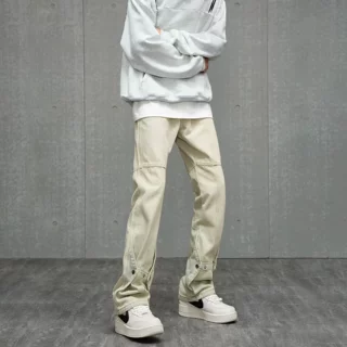 美式高街做旧黄泥染牛仔裤男拉链开衩复古色直筒修身休闲裤子男潮