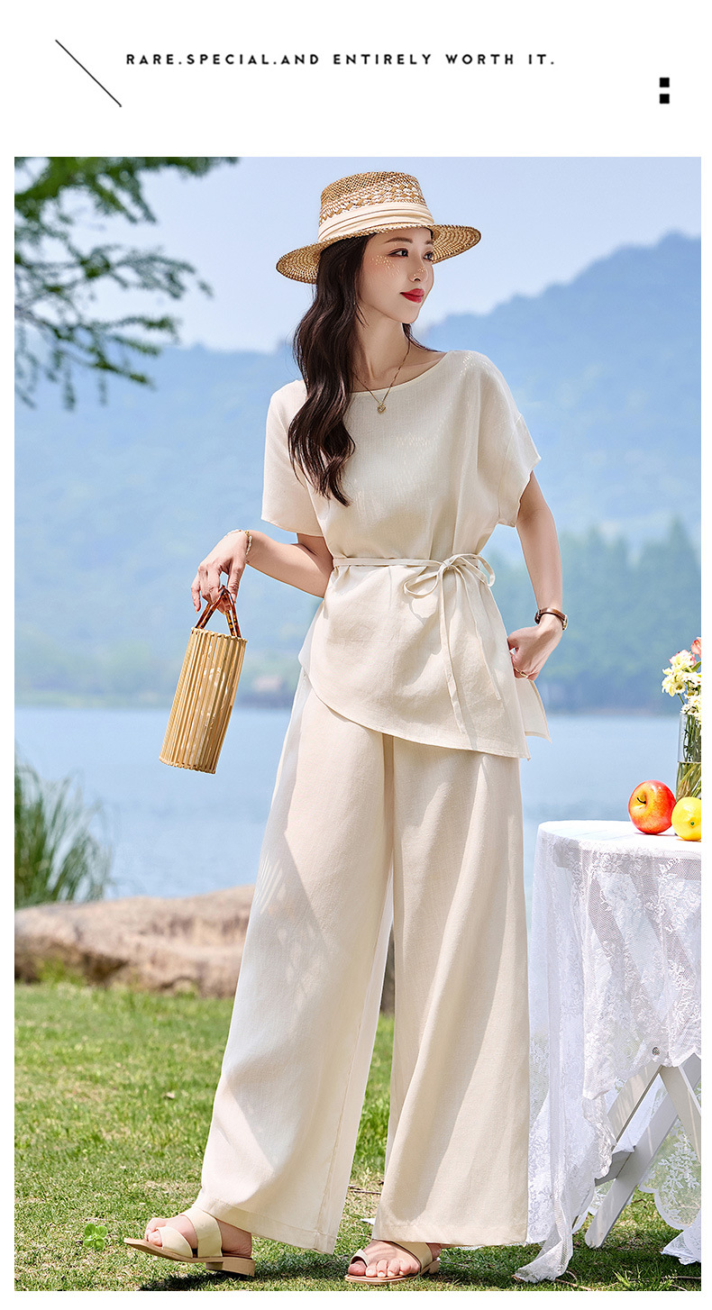 Bộ đầm suông nữ midi tay ngắn cổ tròn thắt eo — màu trắng ngà chi tiết 10