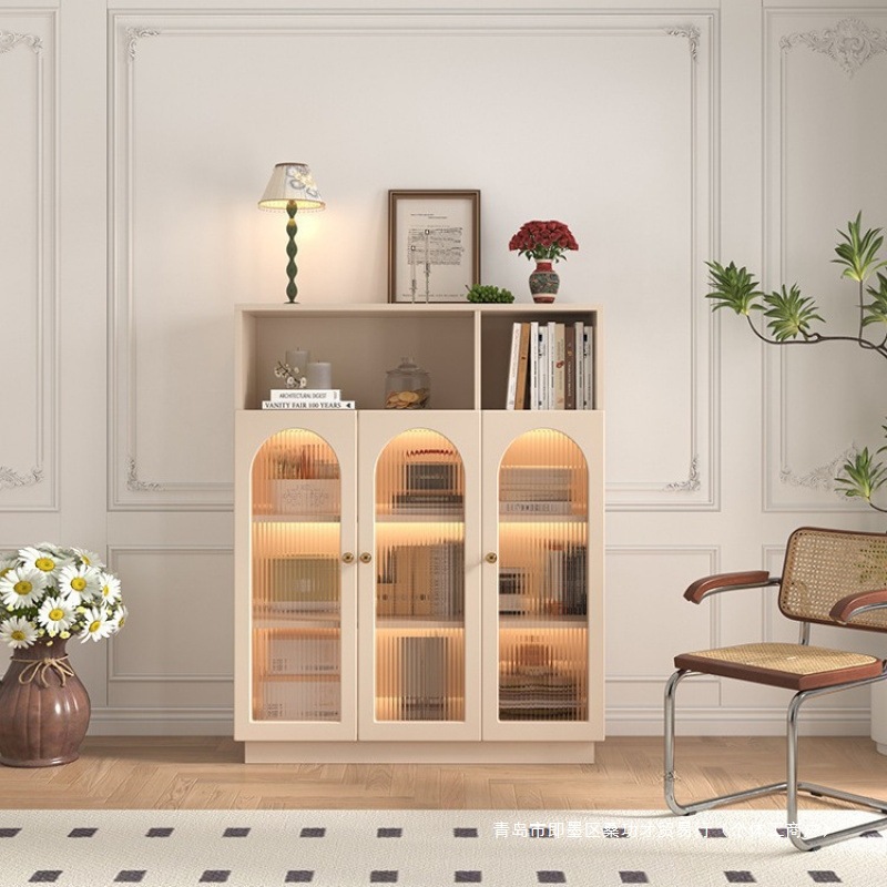 French Cream Style Bookcase Living Room Glass Door Dustproof Bookshelf Modern Light Luxury Children's Storage Cabinet Small Storage Rack