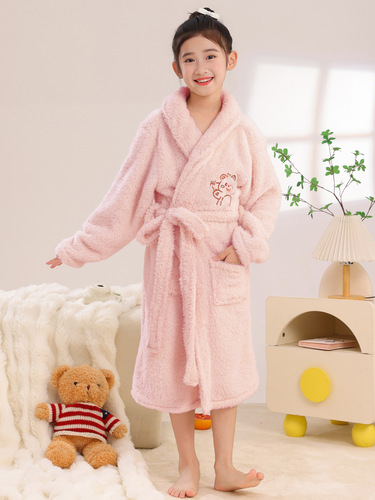 New coral velvet children's pajama robe long sleeve open jacket autumn winter girl middle child teenager sweet cute warm bathrobe