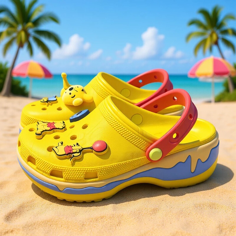 New Winnie the Pooh Cloud-Shaped Clogs for Women, Closed-Toe Slippers with Thick Soles, Original Beach Shoes with Shoe Charms