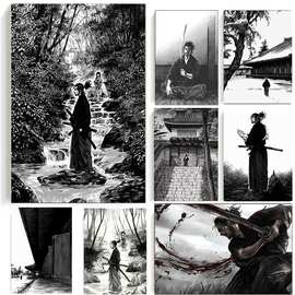日本武士武藏流浪黑白版画厂家批发来图打印海报跨境电商虾皮
