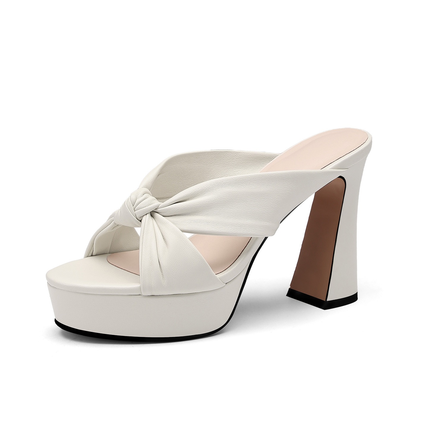 Sandal cao gót nữ mũi hở da cừu mềm, đế xuồng platform, gót vuông 8-10cm, nơ bướm — Hồng 8cm, Xanh da trời 10cm, Hồng 10cm, Trắng kem 8cm