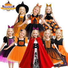 万圣新款女童礼服印花亮片裙缎布花边连衣裙儿童节日礼服套装批发