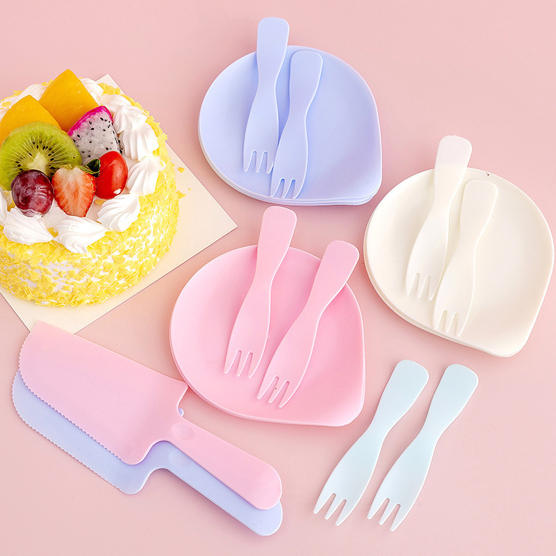 水滴形一次性刀叉盘碟组合套装三合一塑料餐盘生日蛋糕甜品餐具|ms