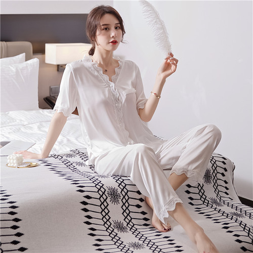 Summer ladies ice silk pajamas cardigan short-sleeved trousers solid color lace Korean style atmospheric thin home clothes suit female