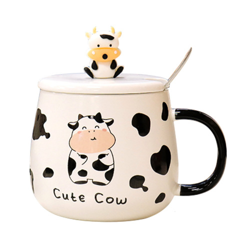 Cute milk cup with lid, spoon, good-looking mug, student couple cup, creative cow ceramic cup, coffee cup