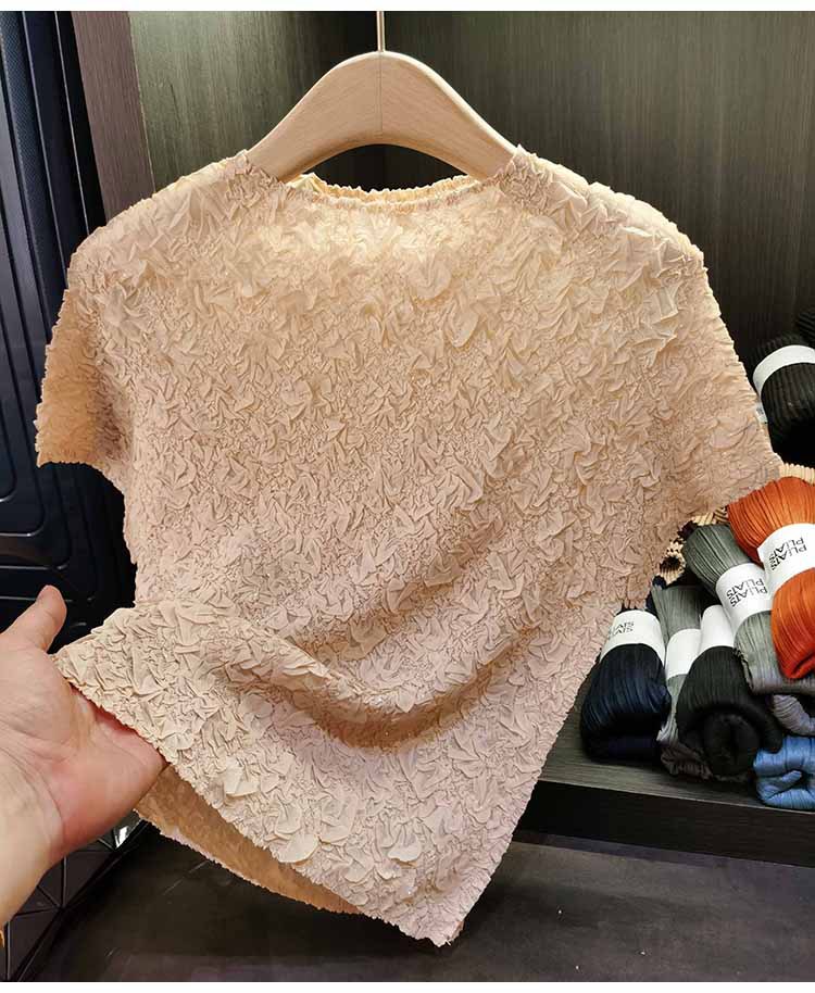 Áo thun ngắn tay nữ cổ tròn xếp li dập nổi kim cương, chất liệu cotton phối polyester, form suông thoải mái, phù hợp đi làm và dạo phố mùa hè — Màu hồng, Màu xanh lá, Màu mơ chi tiết 13