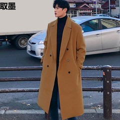 メンズ冬用ウールコート、ミドル丈、韓国風、膝丈、厚手、ウールウインドブレーカー風、カジュアル、英国風コート、トレンディでハンサム