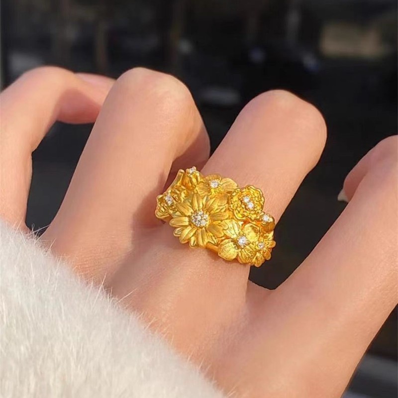 沙金饰品复古国潮风繁花锦簇雏菊戒指女设计百搭小众高级感首饰品|undefined