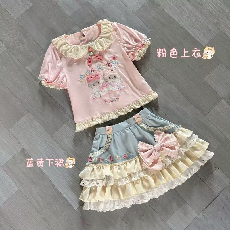 女儿小个子短袖软妹少女可爱日系短裙甜美上衣花边蛋糕两件套纯色|undefined