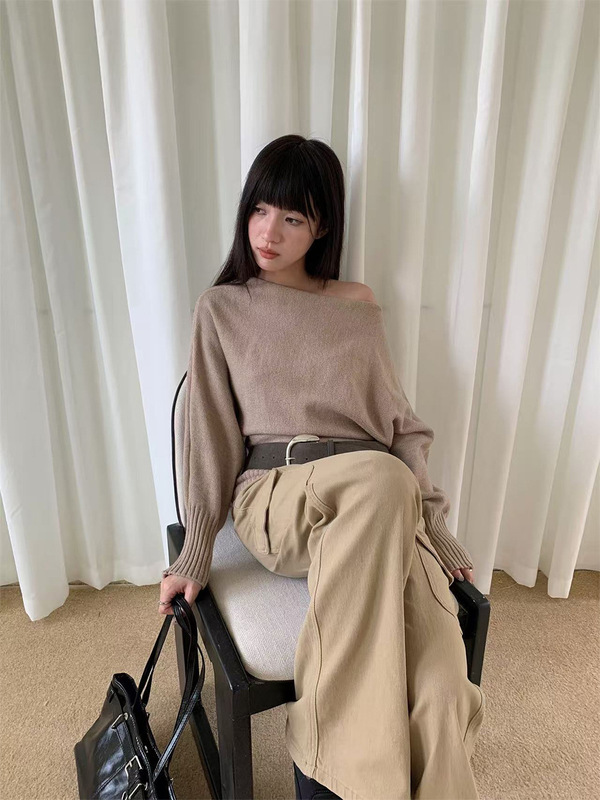誉一新款2025秋季美式洋气斜肩针织衫女百搭慵懒风长袖毛衣女3771|undefined