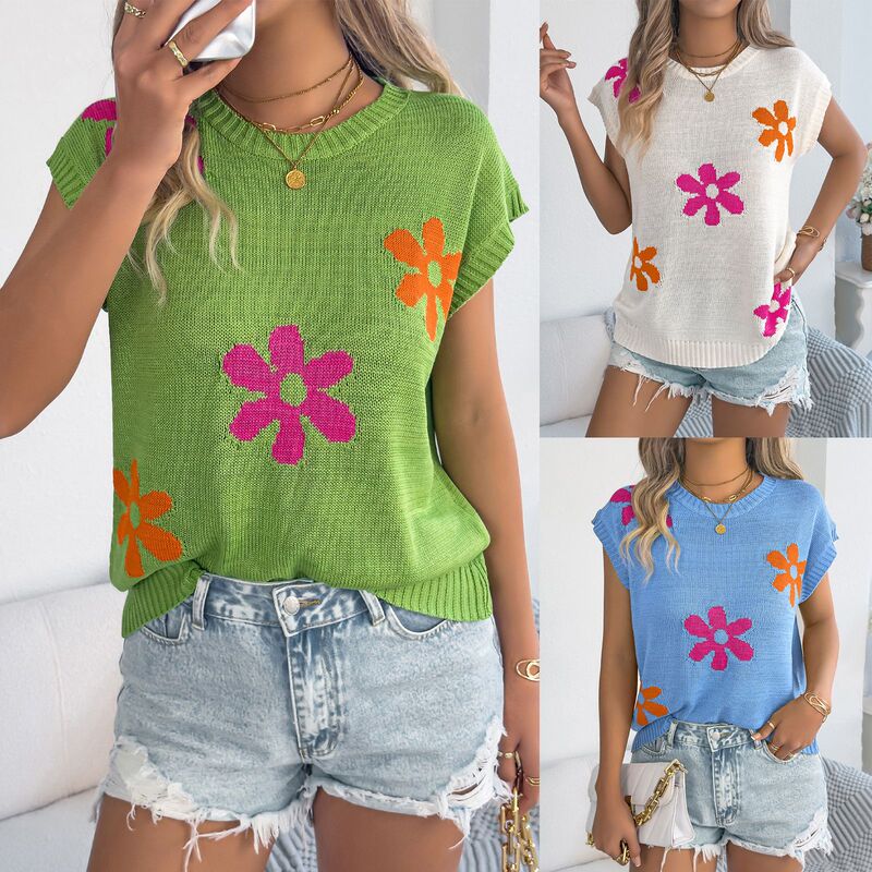 Real Shot of 2026 Spring and Summer Flower Casual Loose Bat-Sleeve Knitwear Vacation Top Amazon Cross-Border Women's Clothing Real Shot of 2026 Spring and Summer Flower Casual Loose Bat-Sleeve Knitwear Vacation Top Amazon Cross-Border Women's Clothing