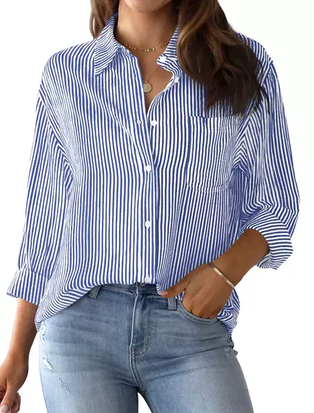 Amazon Button-Down Shirt Striped Classic Long-Sleeve Collared Office Work Top with Collar Cross-Border Summer Shirt