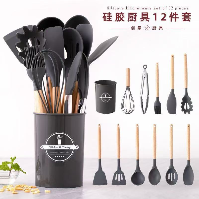 Cocina de silicona mango de madera 12 piezas conjunto de cocina de cocina de cocina antiadherente para hornear verduras fritas especiales