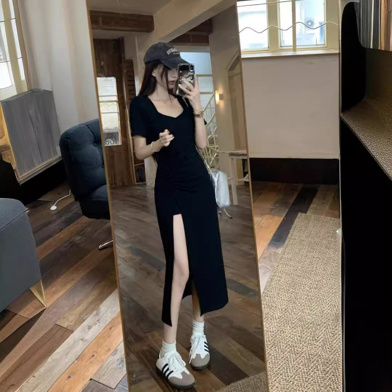 Pure Sex Sexy Split Leg Showing Short-sleeved dress Women's Summer Slimming Design Sense Tight Waist Royal Sister Elegant Hot Girl Long Dress
