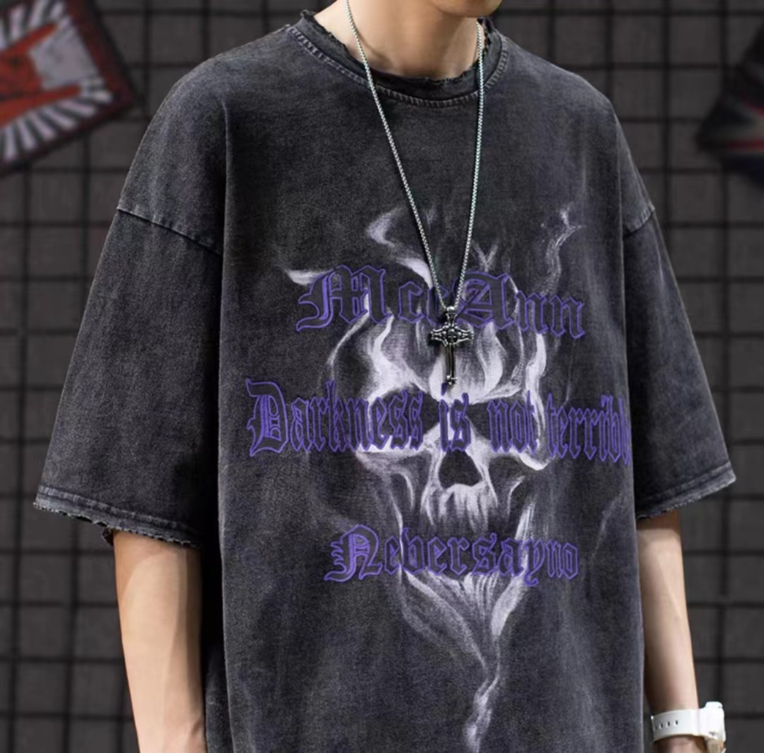 Camiseta de manga corta de algodón puro desgastado lavado retro americano para hombre, camiseta de media manga de marca holgada informal de verano para hombre