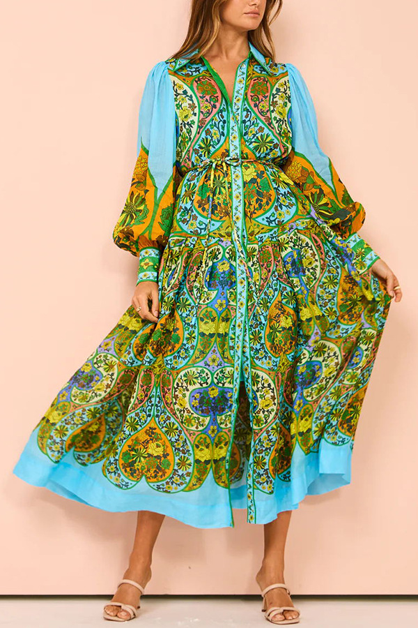 Bishop Sleeve Sleeve Type Polyester Fabric Type High Waist Waist Line Holiday, Beach Occasion Wholesale Women's Vacation Printing Plant Holiday Beach Shirt Collar Long Sleeve Regular Dress