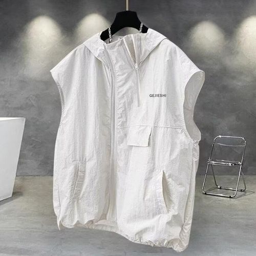 Summer workwear zipper design sleeveless T-shirt men Korean version trend casual couple hooded waistcoat vest loose