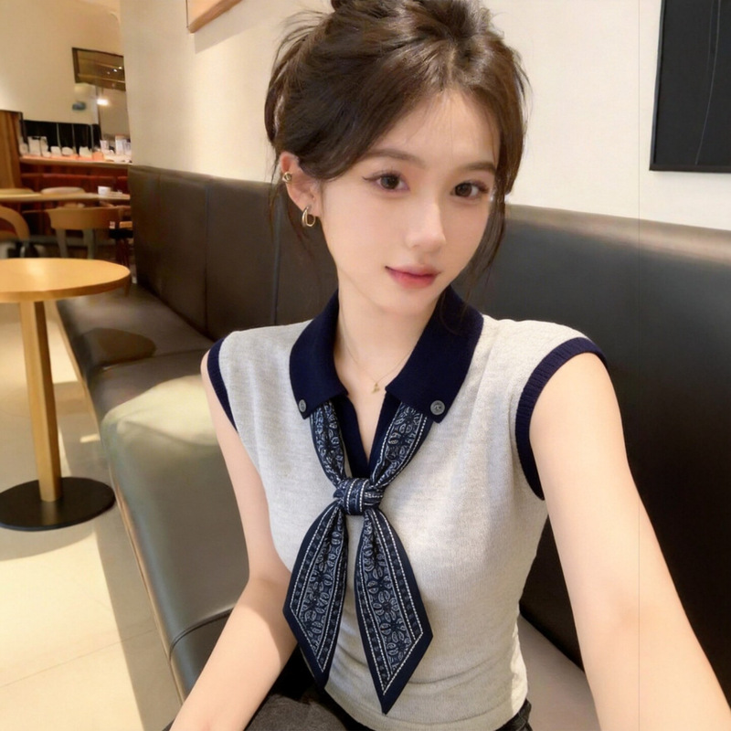 Fashion Color-Blocking Silk Scarf Polo Collar Knit Vest for Women 2026 Summer New Style Sleeveless T-Shirt Versatile Top Fashion Color-Blocking Silk Scarf Polo Collar Knit Vest for Women 2026 Summer New Style Sleeveless T-Shirt Versatile Top