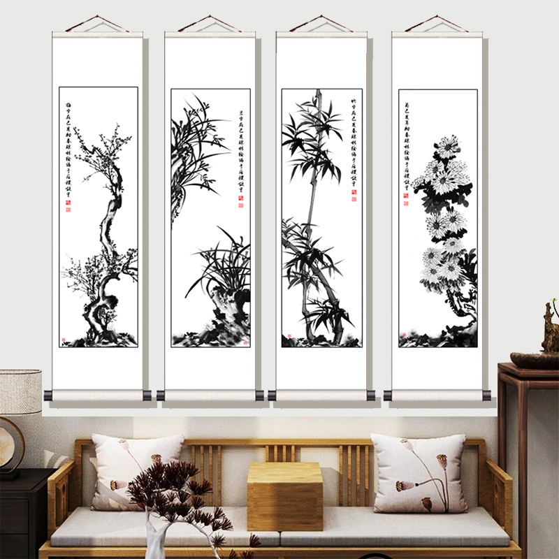 7M新中式书房客厅装饰画四条屏长条国画四联梅兰竹菊挂画卷轴字画-阿里巴巴