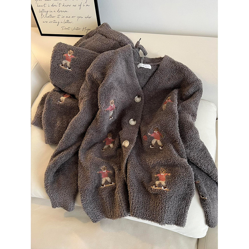 Stuffed Sweet and Cute Cartoon Bear Print Knitted Half-Velvet Pajamas for Women Autumn and Winter Warm Home Wear Set