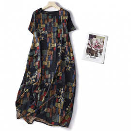 2025夏季街头风麂皮绒印花短袖连衣裙圆领A字长裙遮肉显瘦