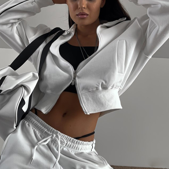 Cross-Border Casual Fashion European And American Style Women's Zipper Cardigan Jacket Sports Drawstring Pants_ecoleips.com