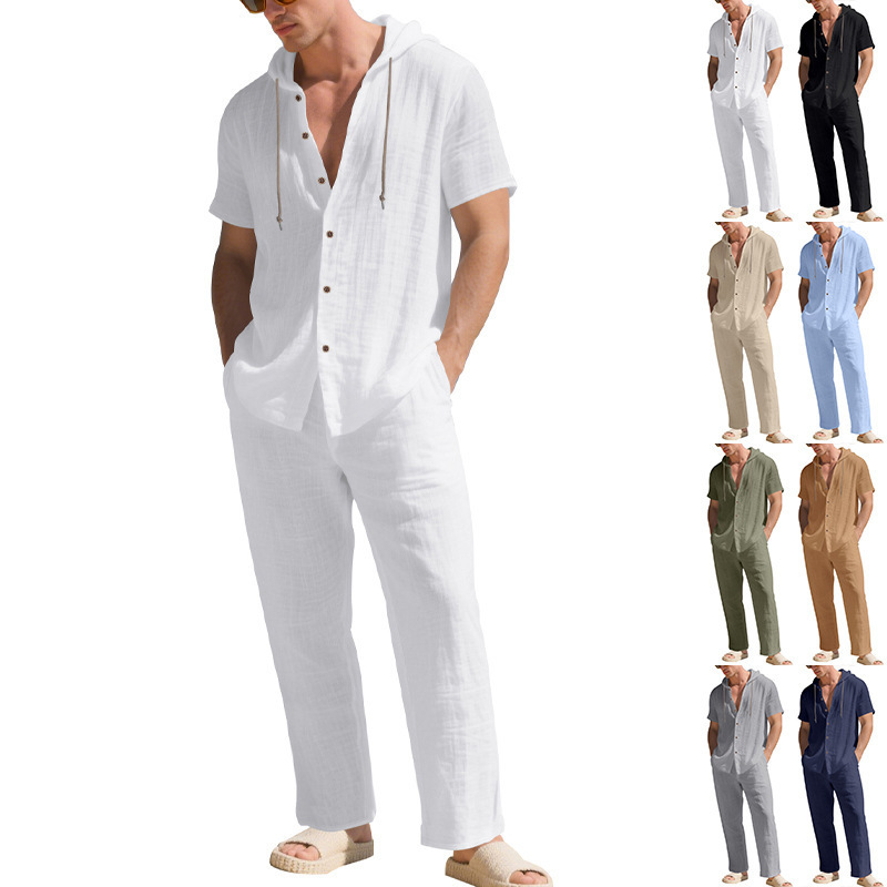 2026 Cross-Border European and American Men's Summer Loose Linen Casual Vacation Hooded Short-Sleeved Shirt Straight-Leg Pants Set 2026 Cross-Border European and American Men's Summer Loose Linen Casual Vacation Hooded Short-Sleeved Shirt Straight-Leg Pants Set