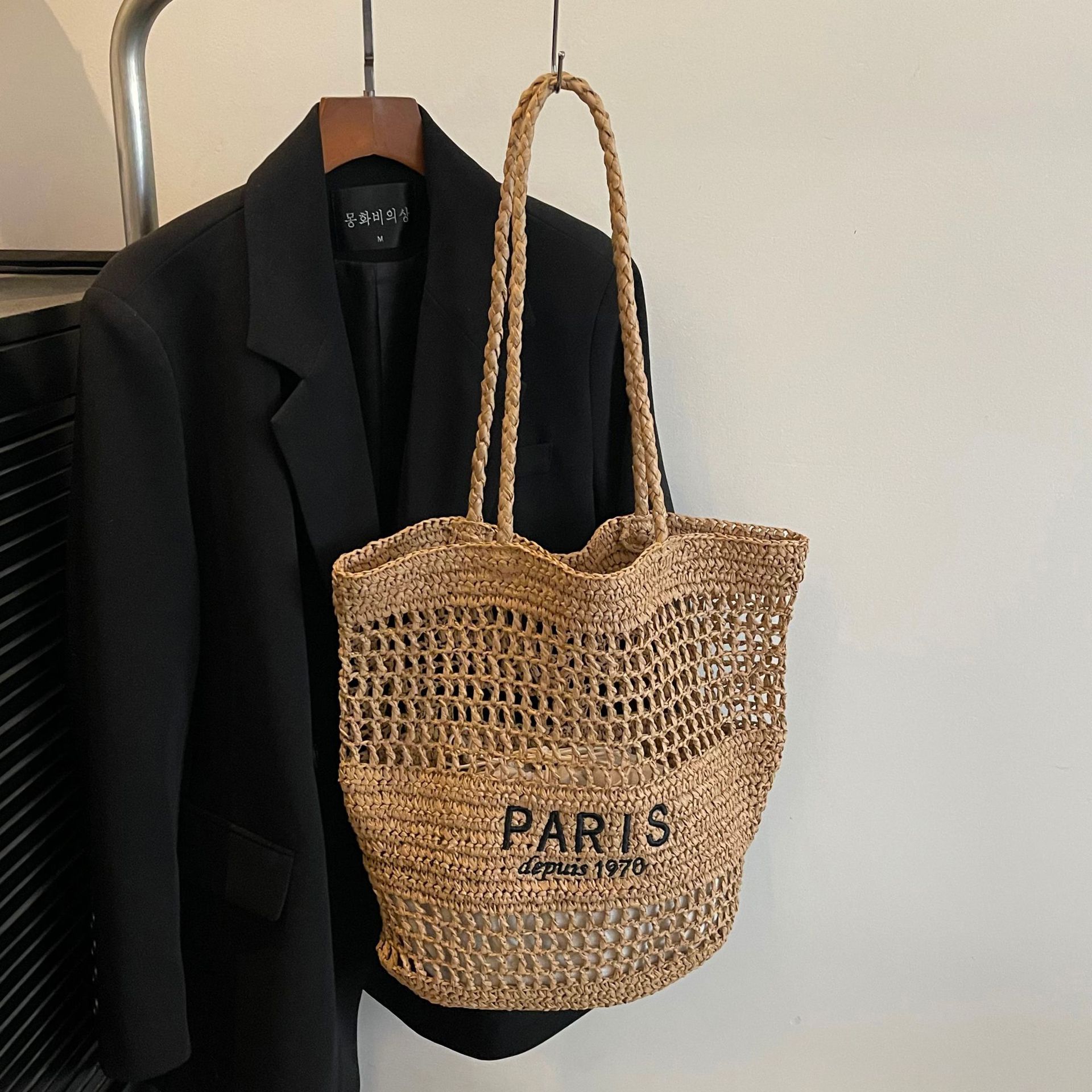 Letter Embroidered One-Shoulder Straw Bag 2025 New Large-Capacity Cut Out Woven Bag Vacation Beach Bag Versatile Women's Bag