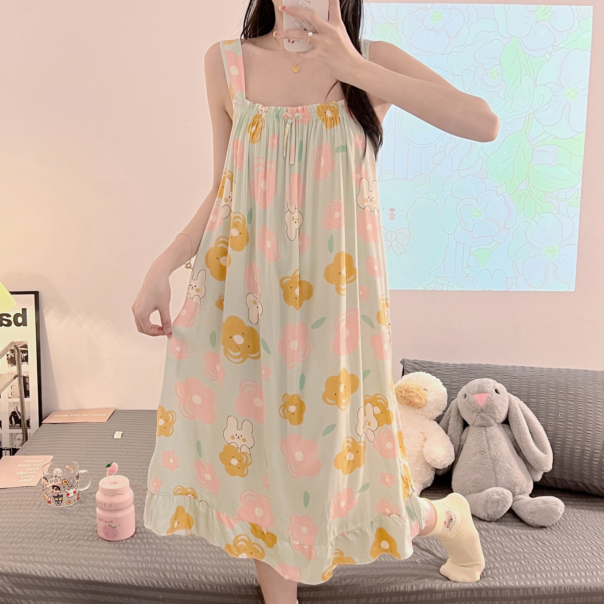 Camisón de seda de algodón de verano para mujer Pijamas dulces lindos puro deseo ins estilo delgado sexy vestido de Honda de seda de algodón artificial