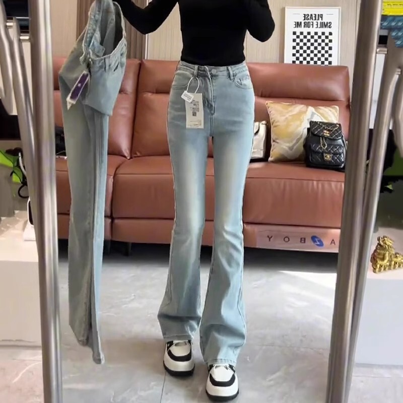 浅蓝色水洗微喇牛仔裤女秋季新款高腰修身显瘦微弹喇叭马蹄拖地裤|undefined