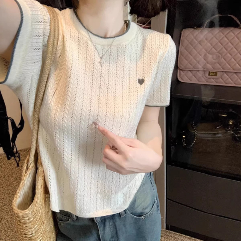 La Chapelle Women's 2026 New Summer White Knitted T-Shirt with Round Neck and Short Sleeves, Embroidered Slim-Fit Top