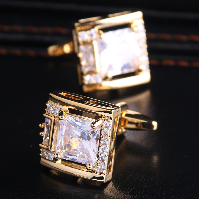 Gold Hollow Crystal Cufflinks for Men, Trendy Personality, Light Luxury French Shirt Cufflinks, Cuff Studs, Men's Gift for Wedding