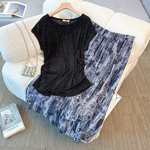65-175kg Plus Size Women's Fat mm Summer New Pleated Short-Sleeved Tops High-Waisted Skirt Lazy Style Suit