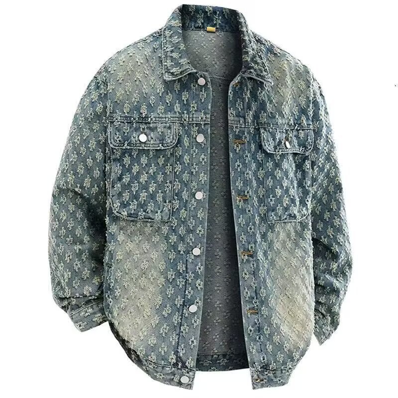 Korean Style Retro Washed Distressed Jacquard Denim Jacket for Men with Floral Design, Loose Casual and Versatile Handsome Top