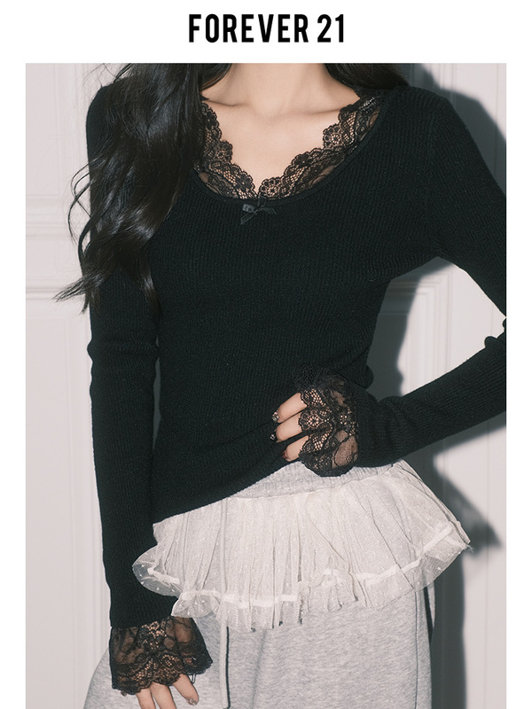 Forever21纯欲杏色蕾丝拼接V领上衣女秋冬法式打底长袖修身针织衫|undefined