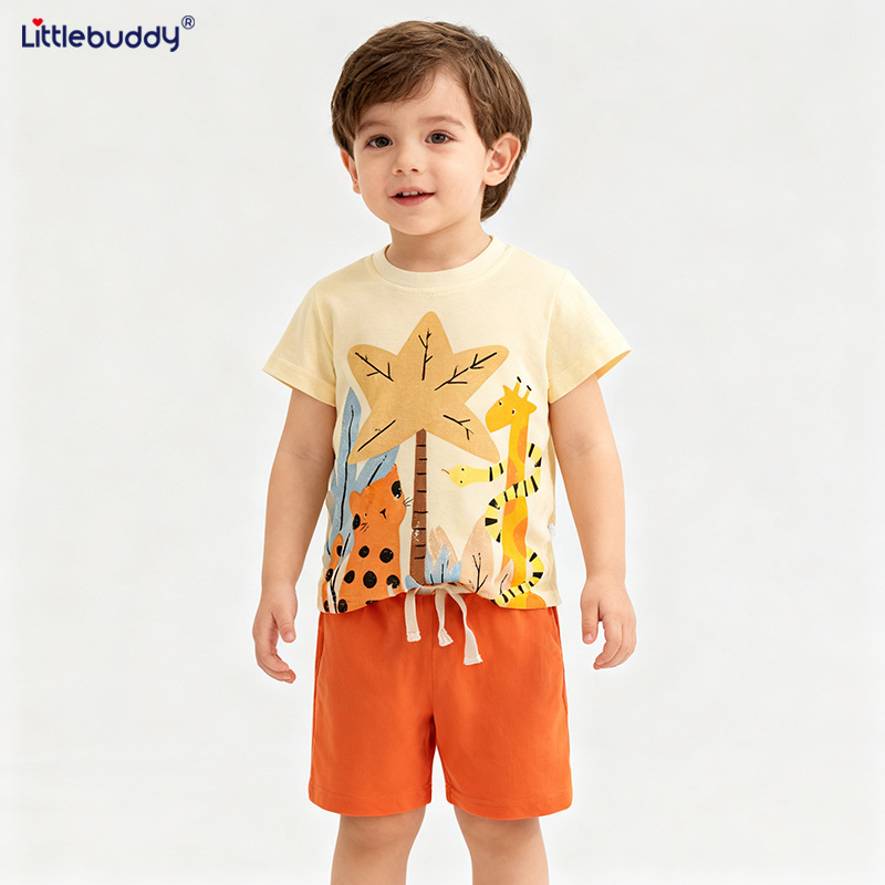 Cross-Border Littlebuddy 2025 Summer 2-7 Years Old European and American Style Boys' Suit Summer Elastic Waist Pants Short-Sleeved T-Shirt